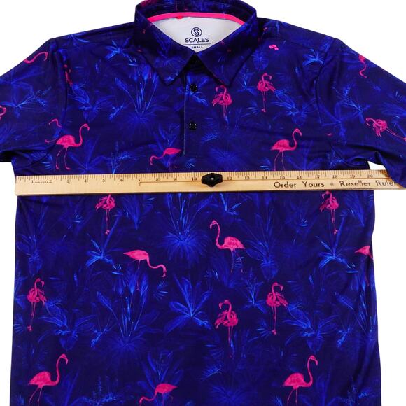 Scales Golf Polo Mens Blue Flamingo Palm Trees Tropical Bear Lakes Shirt Small - Picture 6 of 7
